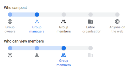Who can post settings showing group managers selected